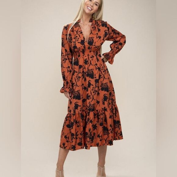 Dresses & Skirts - Floral Print Bishop Sleeve Shirred Dress